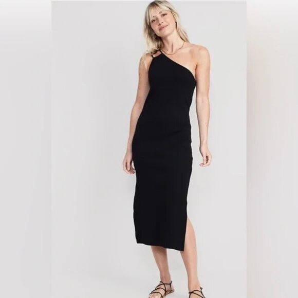 Old Navy Dresses & Skirts - Old Navy Black One Shoulder Tie Ribbed Midi Dress with Side Slit and Shelf Bra